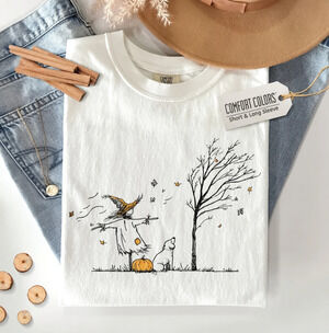 Minimalist Halloween Scarecrow Dog Tree Pumpkin T-Shirt, Comfort Colors Tee